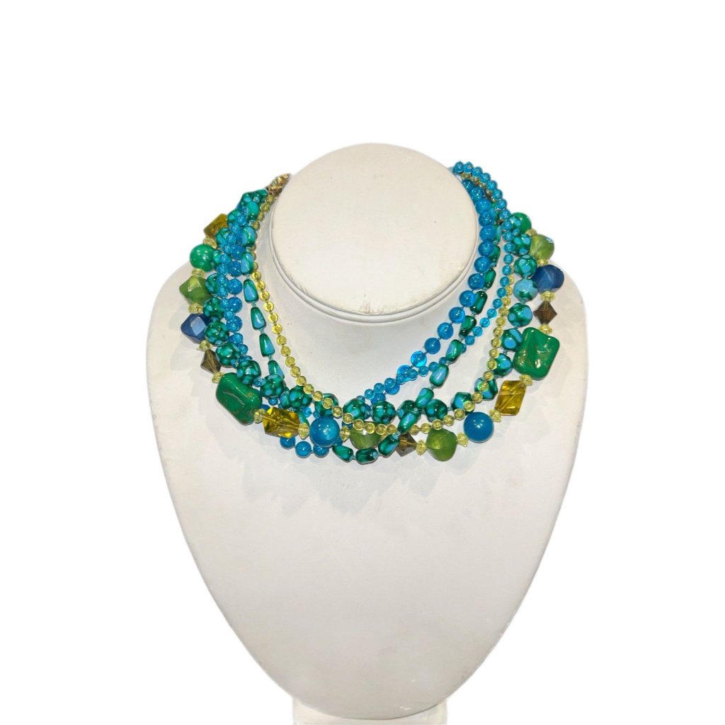 Vintage Kramer Blue Green Beaded Rhinestone Necklace 89$